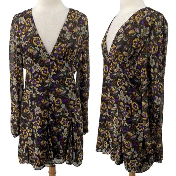 Zara Floral Print Mini Dress V Neck Long Sleeve Empire Waist Green Purple XL - Picture 1 of 14